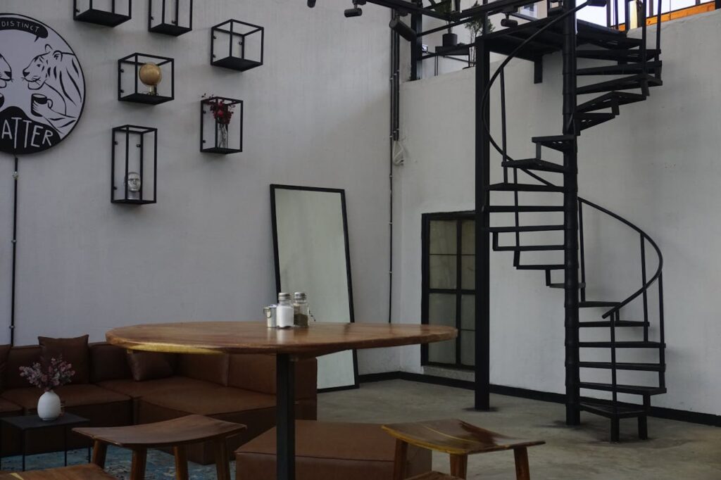 Interior of a Cafe with a Spiral Staircase